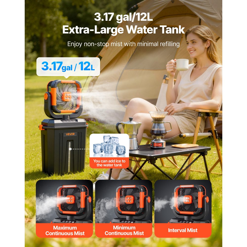 VEVOR Misting Fan, 2400RPM Motor Camping Misting Fan, Mister Cooling Fans with 3.17 gal Water Tank, 20000mAh Battery