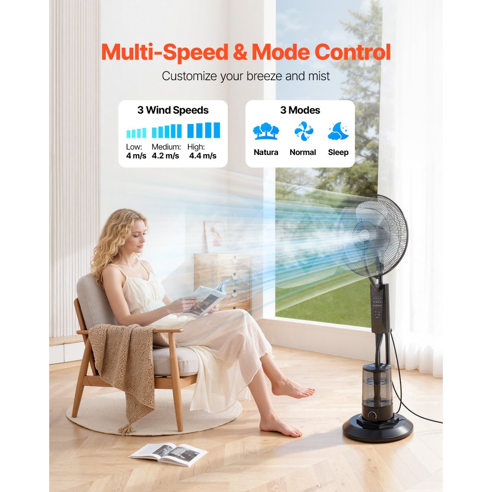 VEVOR Misting Fan, 3 Wind Speeds Misting Standing Fan, Mister Cooling Fans with 0.79 gal Water Tank, Remote & Panel