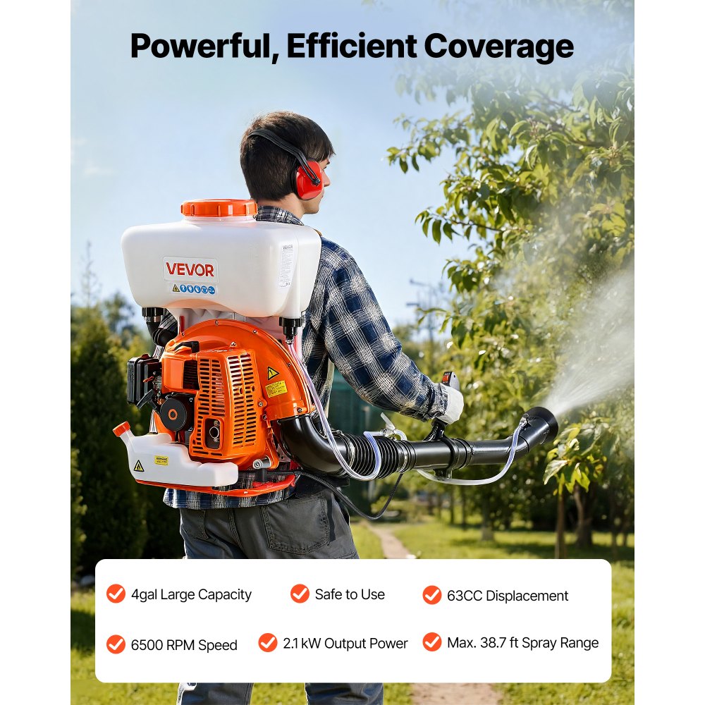VEVOR Backpack Fogger Sprayer, 63CC 3HP Engine, Gas Powered Fogger Sprayer with 4 Gallon Tank, Powder and Liquid Mister