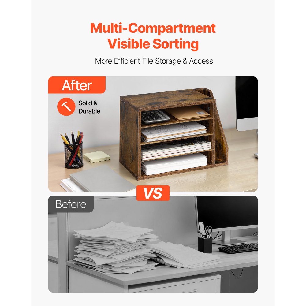 VEVOR Literature Organizer, 4 Compartments Office Mailbox with Detachable Shelves, Wooden Mailbox Sorter with Side