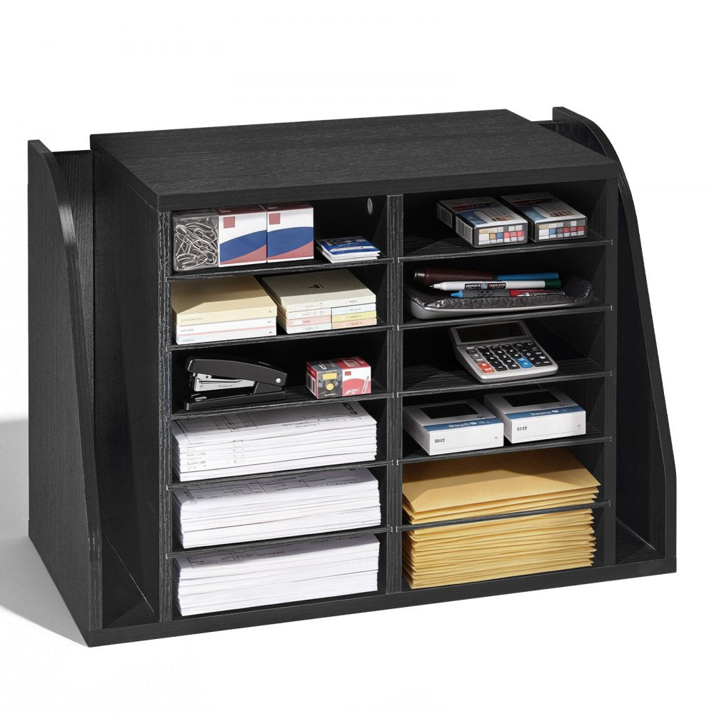 VEVOR Literature Organizer, 12 Compartments Office Mailbox with Side Vertical Storage, Wooden Mailbox Sorter Made of