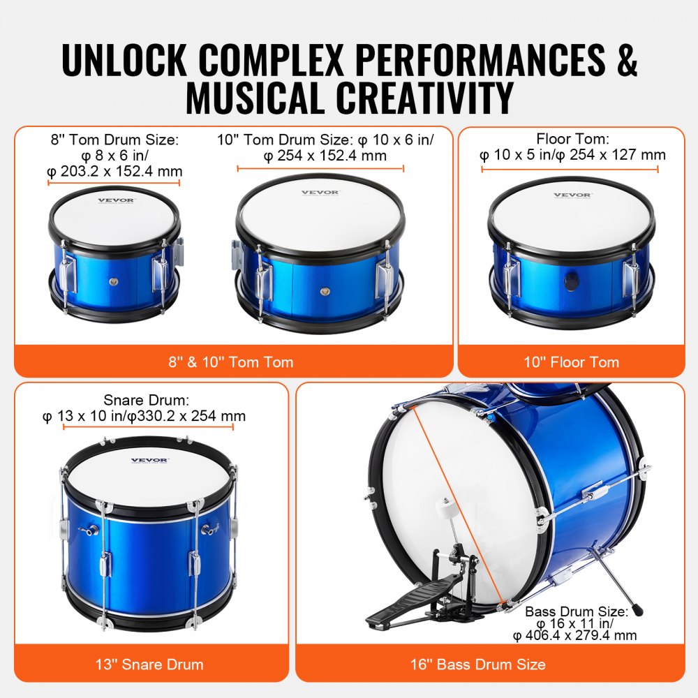 VEVOR Kids Drum Set, 5-Piece, 16 in Beginner Full Drum Set with Bass Toms Snare Floor Drum Adjustable Throne Cymbal