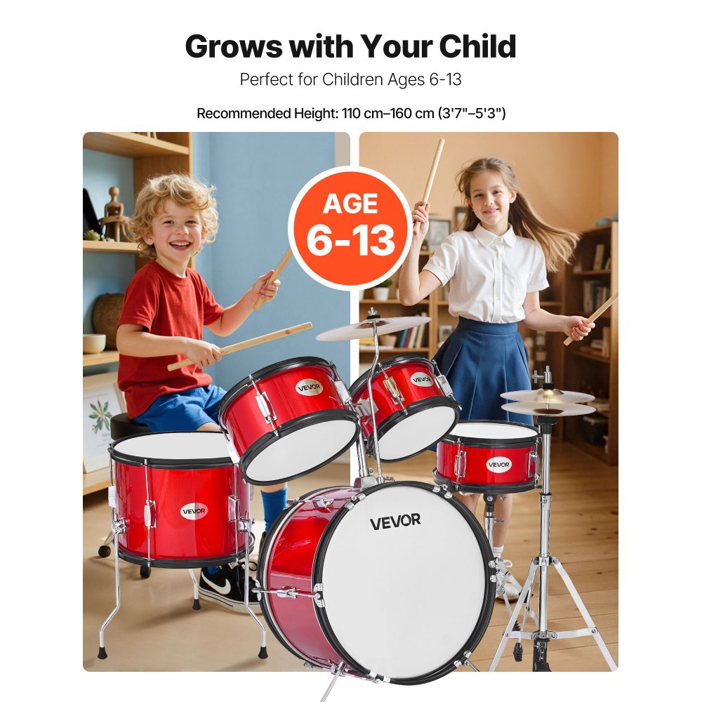 VEVOR Kids Drum Set, 5-Piece 16 in Junior Drum Sets, Beginner Drums Set with Adjustable Throne, Cymbal & Two Pairs of