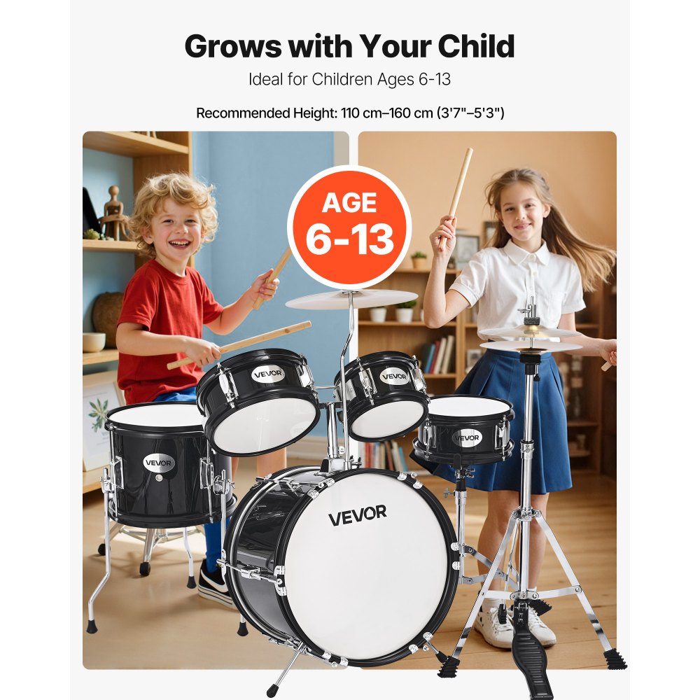VEVOR Kids Drum Set, 5-Piece 14 in Junior Drum Sets, Beginner Drums Set with Adjustable Throne, Cymbal & Two Pairs of