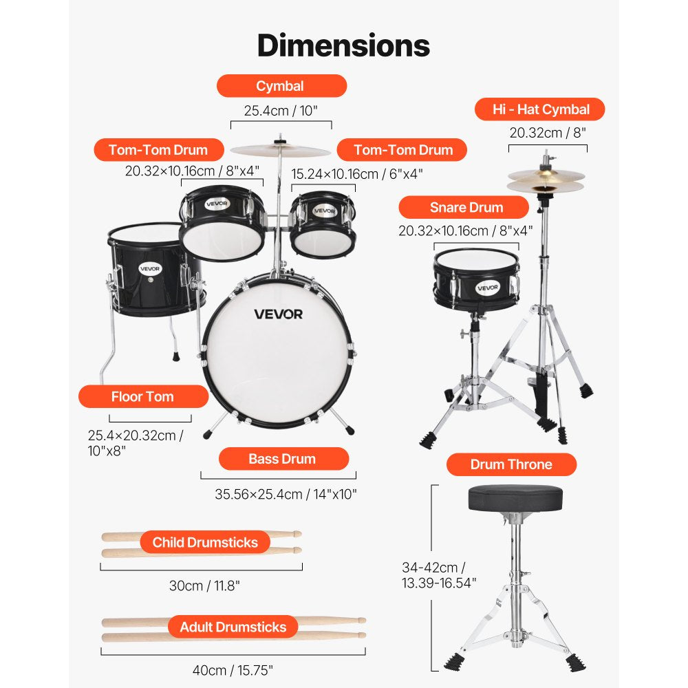 VEVOR Kids Drum Set, 5-Piece 14 in Junior Drum Sets, Beginner Drums Set with Adjustable Throne, Cymbal & Two Pairs of