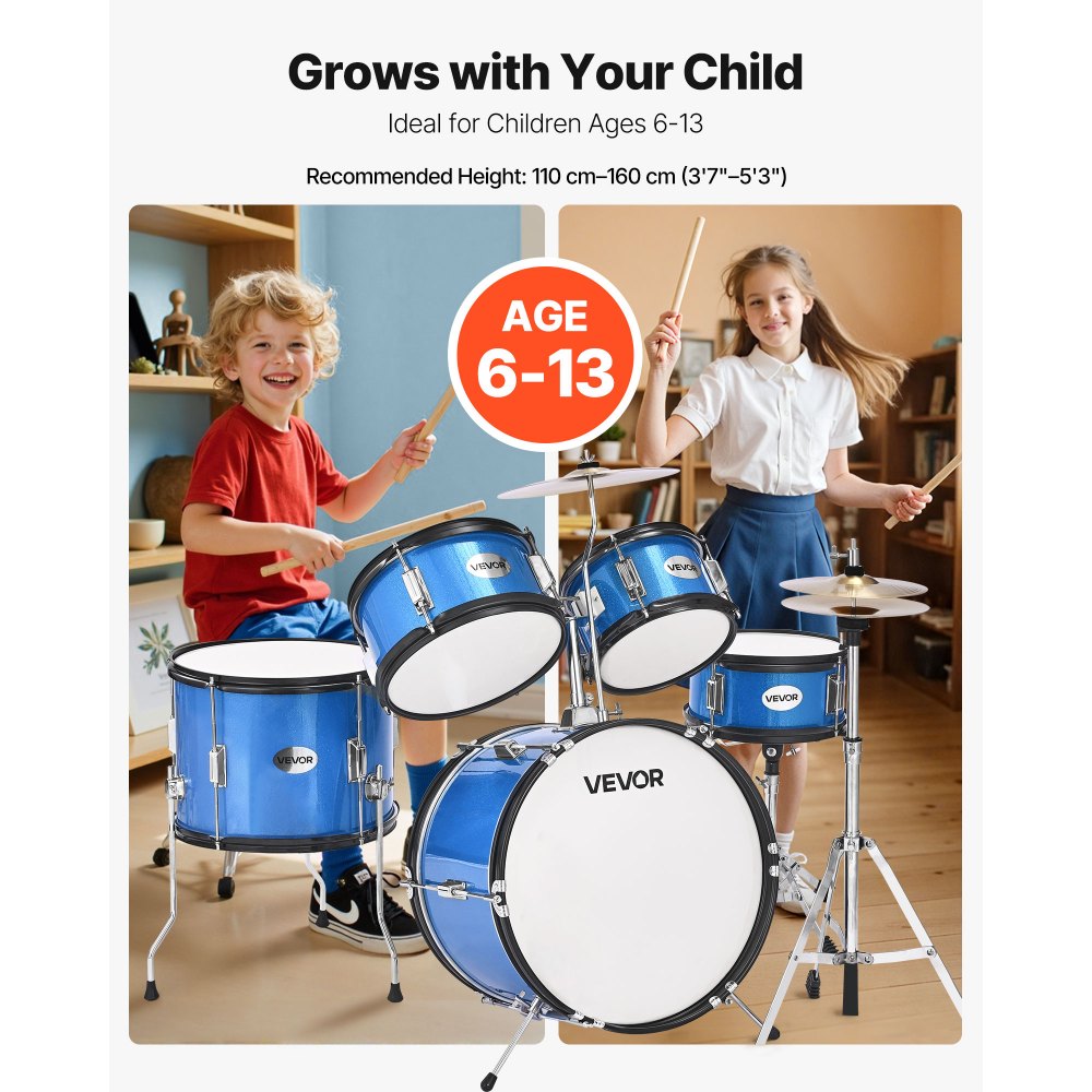 VEVOR Kids Drum Set, 5-Piece 16 in Junior Drum Sets, Beginner Drums Set with Adjustable Throne, Cymbal & Two Pairs of