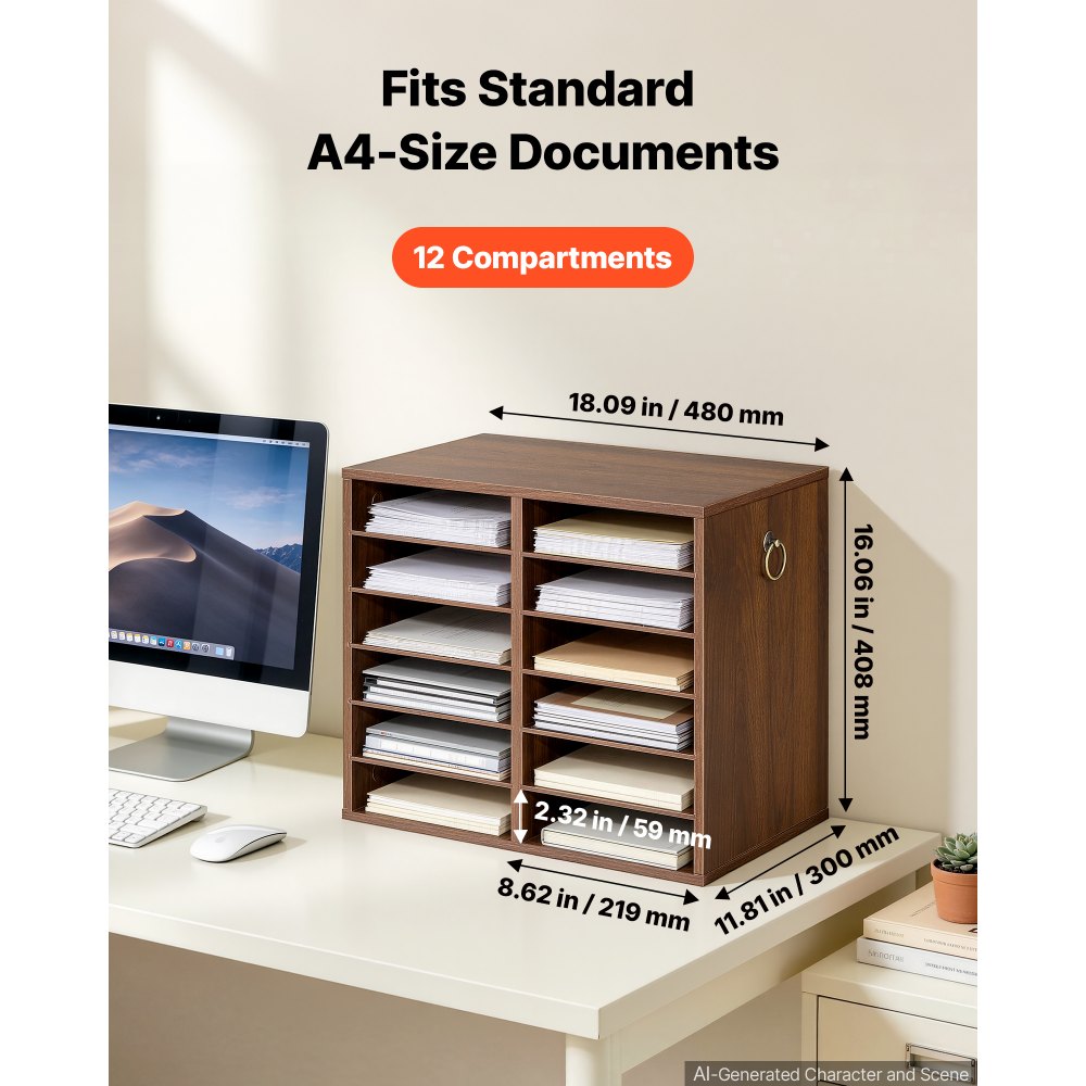 VEVOR Wood Literature Organizer 12 Compartments Office Mailboxes Brown, Countertop Literature Sorter for Files