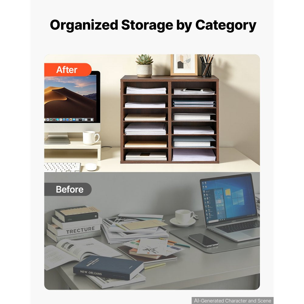VEVOR Wood Literature Organizer 12 Compartments Office Mailboxes Brown, Countertop Literature Sorter for Files