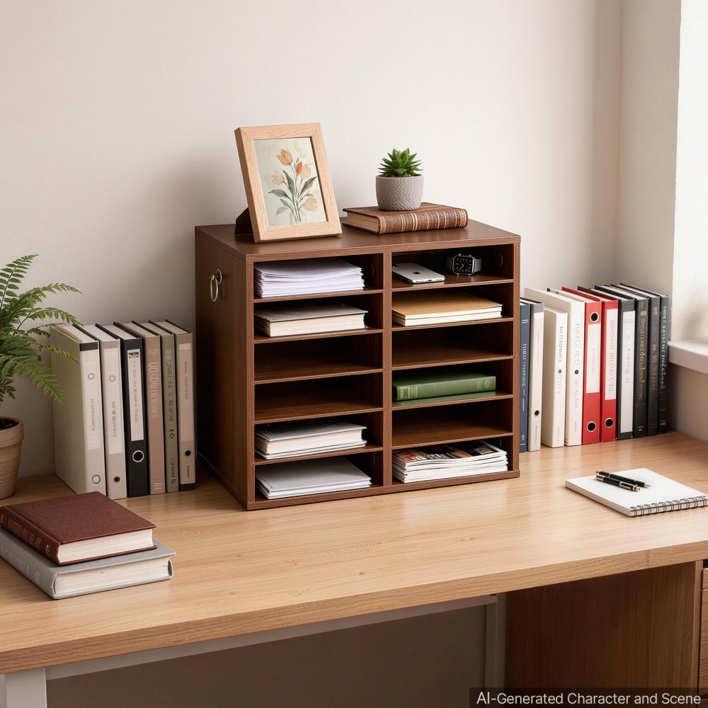 VEVOR Wood Literature Organizer 12 Compartments Office Mailboxes Brown, Countertop Literature Sorter for Files