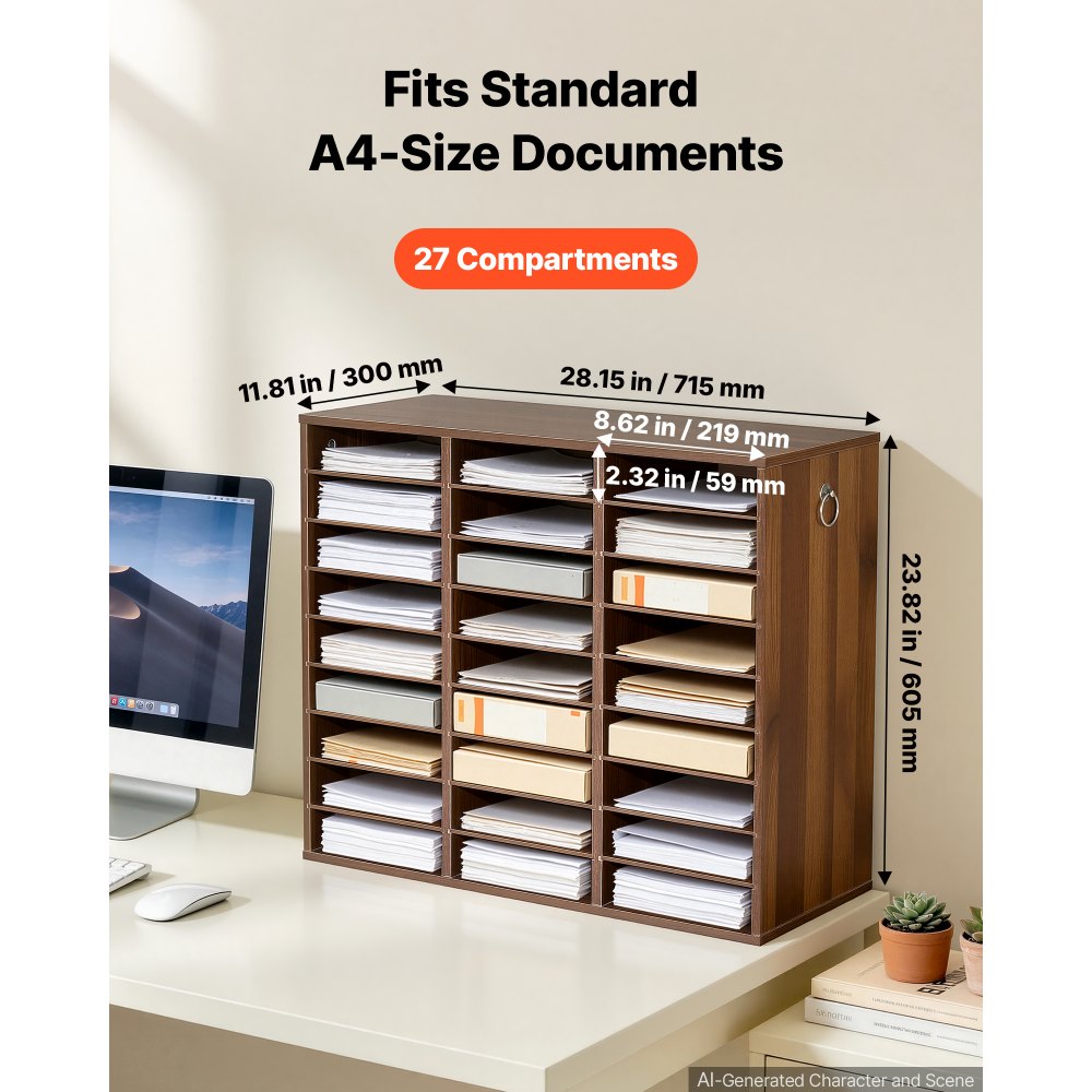 VEVOR Wood Literature Organizer 27 Compartments Office Mailboxes Brown, Countertop Literature Sorter for Files