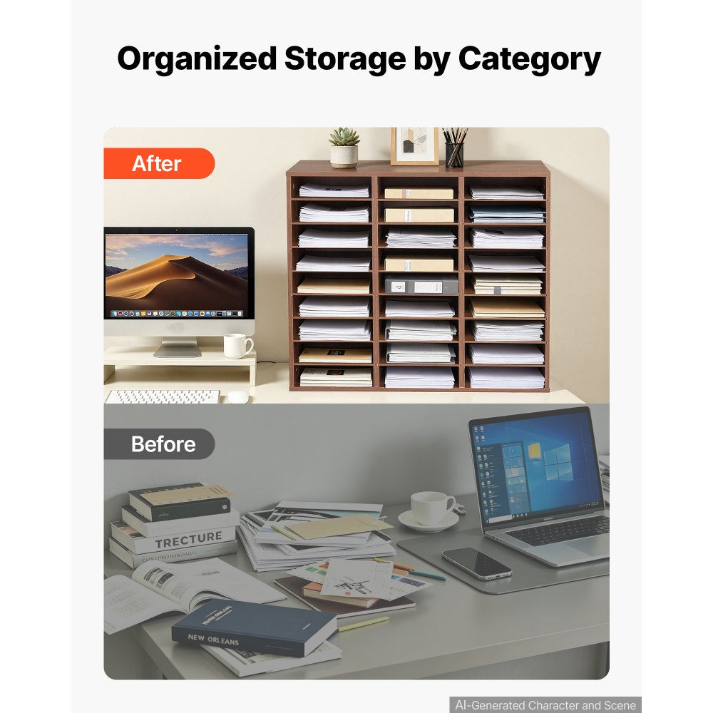 VEVOR Wood Literature Organizer 27 Compartments Office Mailboxes Brown, Countertop Literature Sorter for Files