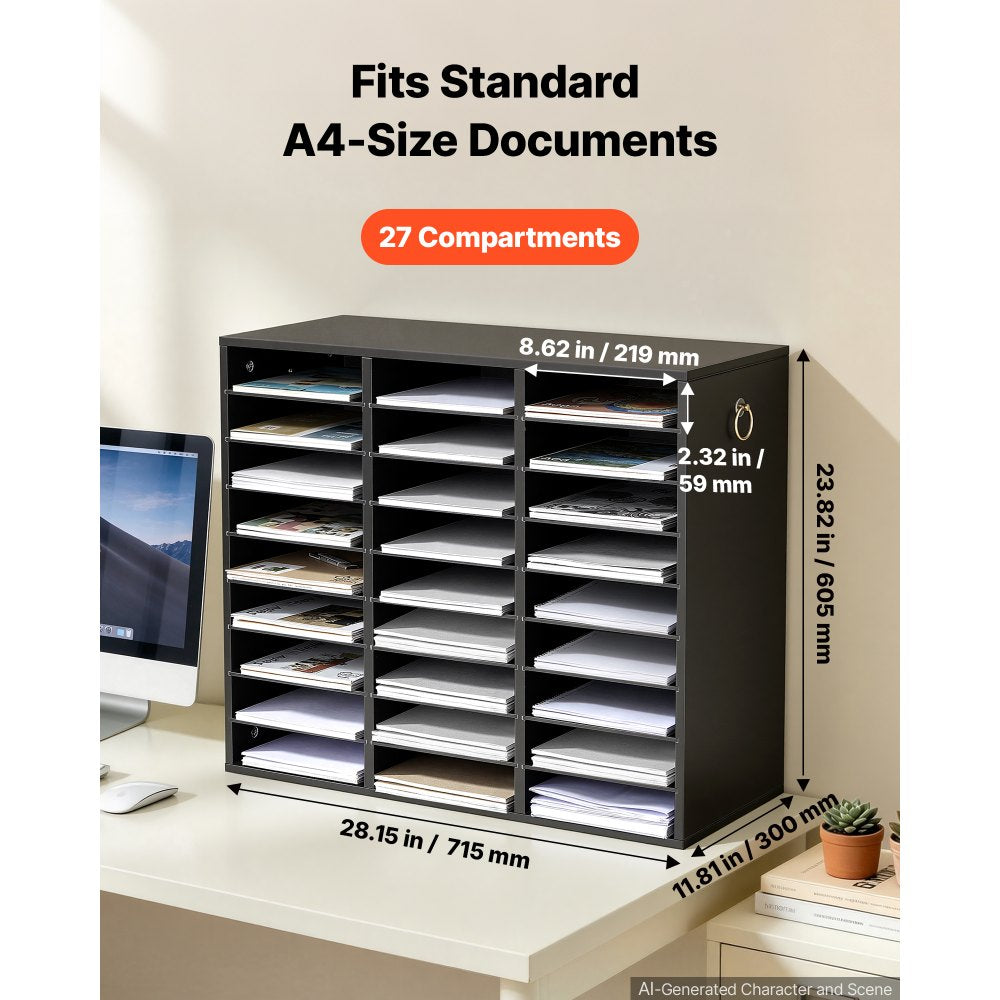 VEVOR Wood Literature Organizer 27 Compartments Office Mailboxes Black, Countertop Literature Sorter for Files