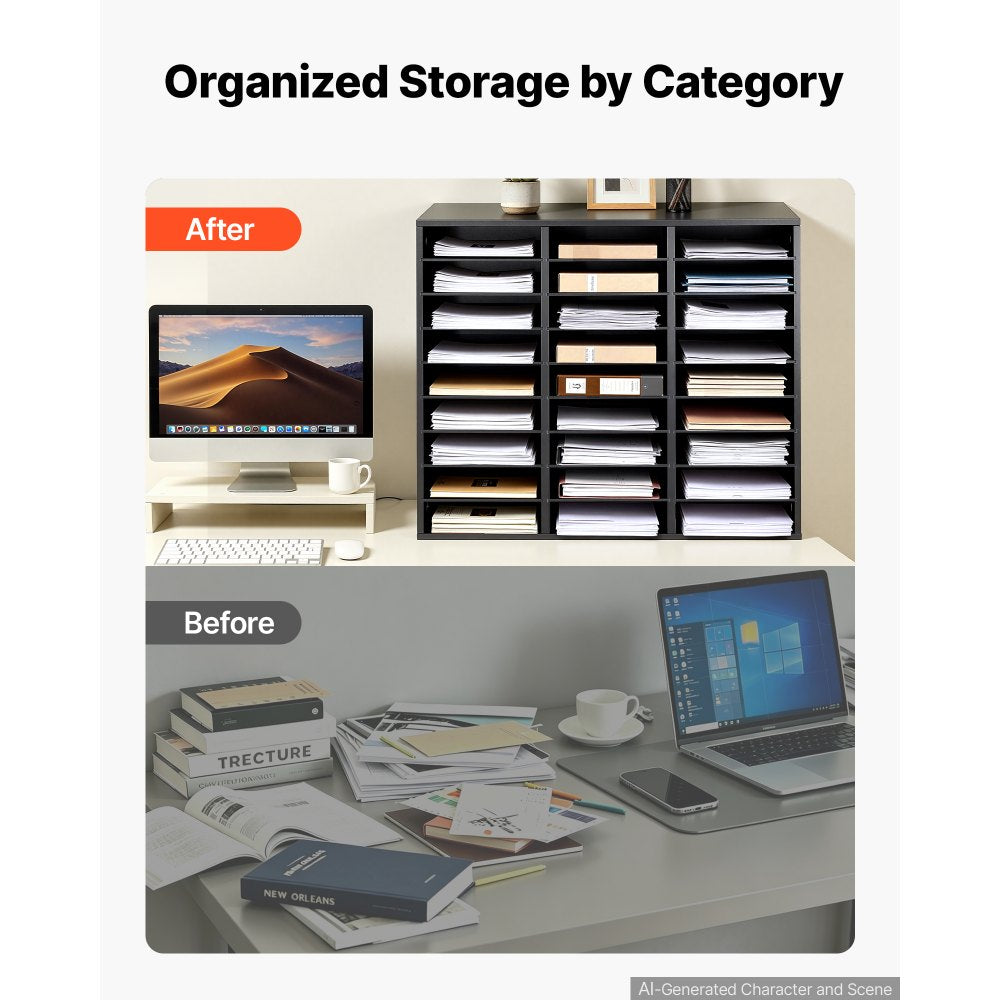 VEVOR Wood Literature Organizer 27 Compartments Office Mailboxes Black, Countertop Literature Sorter for Files