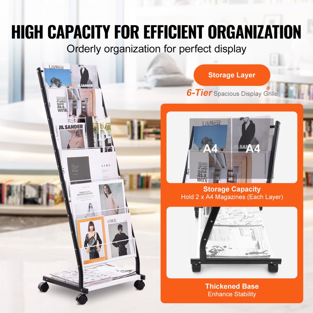 VEVOR Brochure Display Rack, 6-Tier Magazine Literature Display Stand, Floor Standing Magazine Rack Newspaper Catalog