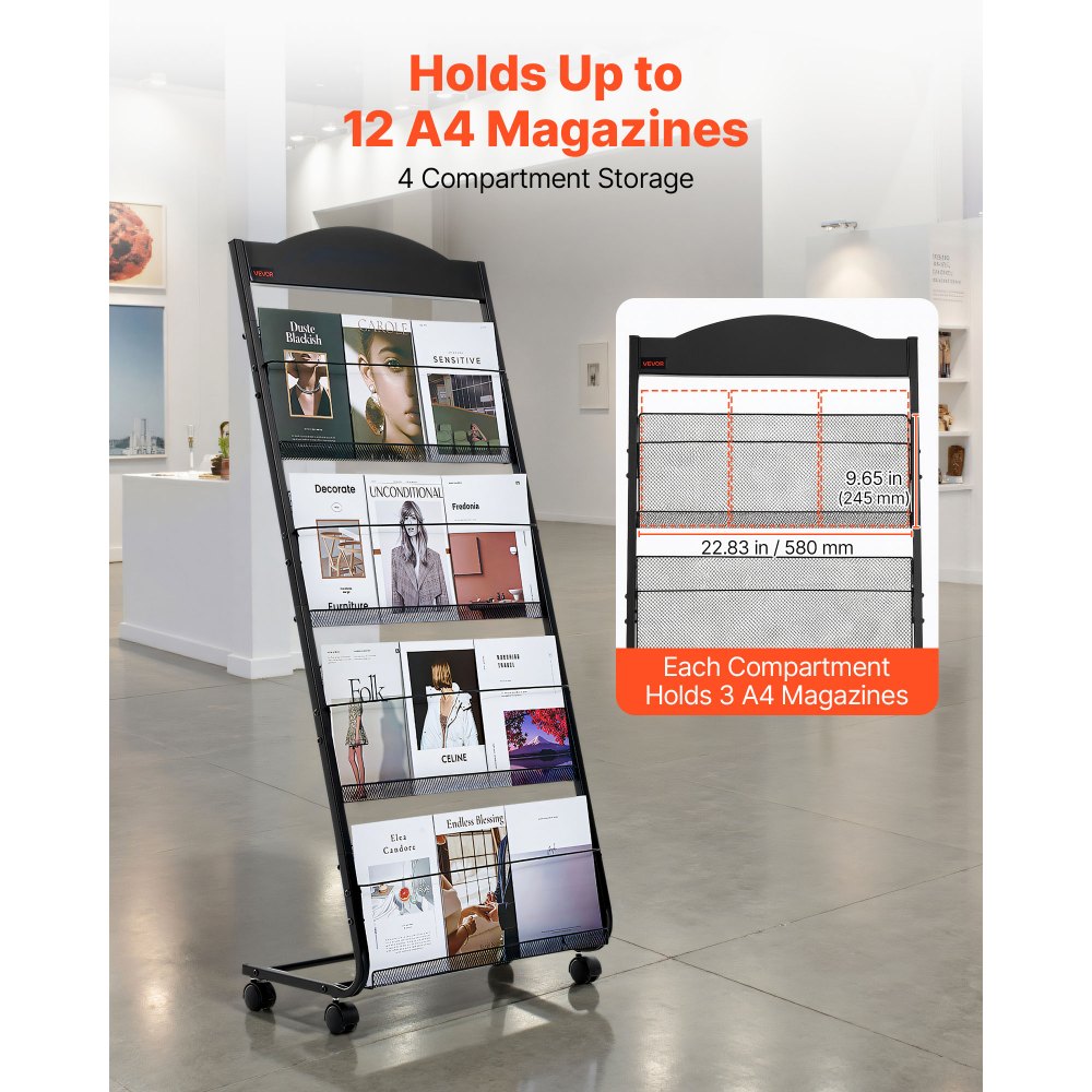 VEVOR Brochure Display Rack, 4-Tier Magazine Literature Display Stand with Wheels, Movable Floor Standing Magazine