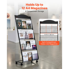 VEVOR Brochure Display Rack, 4-Tier Magazine Literature Display Stand with Wheels, Movable Floor Standing Magazine