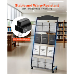 VEVOR Brochure Display Rack, 4-Tier Magazine Literature Display Stand with Wheels, Movable Floor Standing Magazine