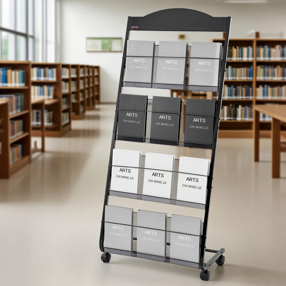 VEVOR Brochure Display Rack, 4-Tier Magazine Literature Display Stand with Wheels, Movable Floor Standing Magazine