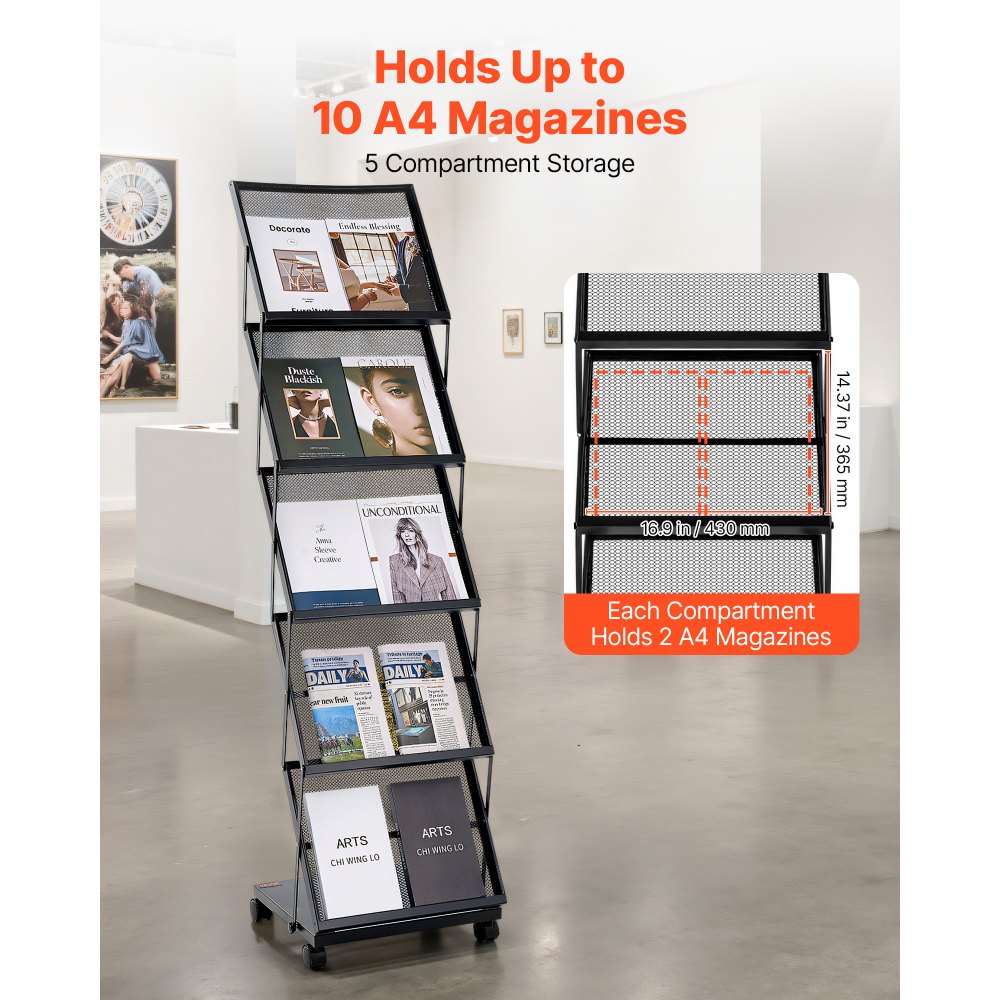 VEVOR Brochure Display Rack, Foldable 5 Pockets Magazine Literature Display Stand, Movable Floor Standing Magazine Rack
