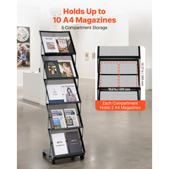 VEVOR Brochure Display Rack, Foldable 5 Pockets Magazine Literature Display Stand, Movable Floor Standing Magazine Rack