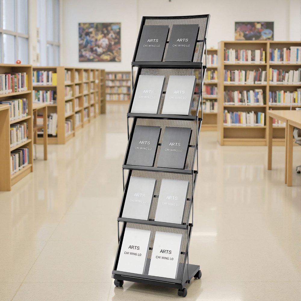 VEVOR Brochure Display Rack, Foldable 5 Pockets Magazine Literature Display Stand, Movable Floor Standing Magazine Rack