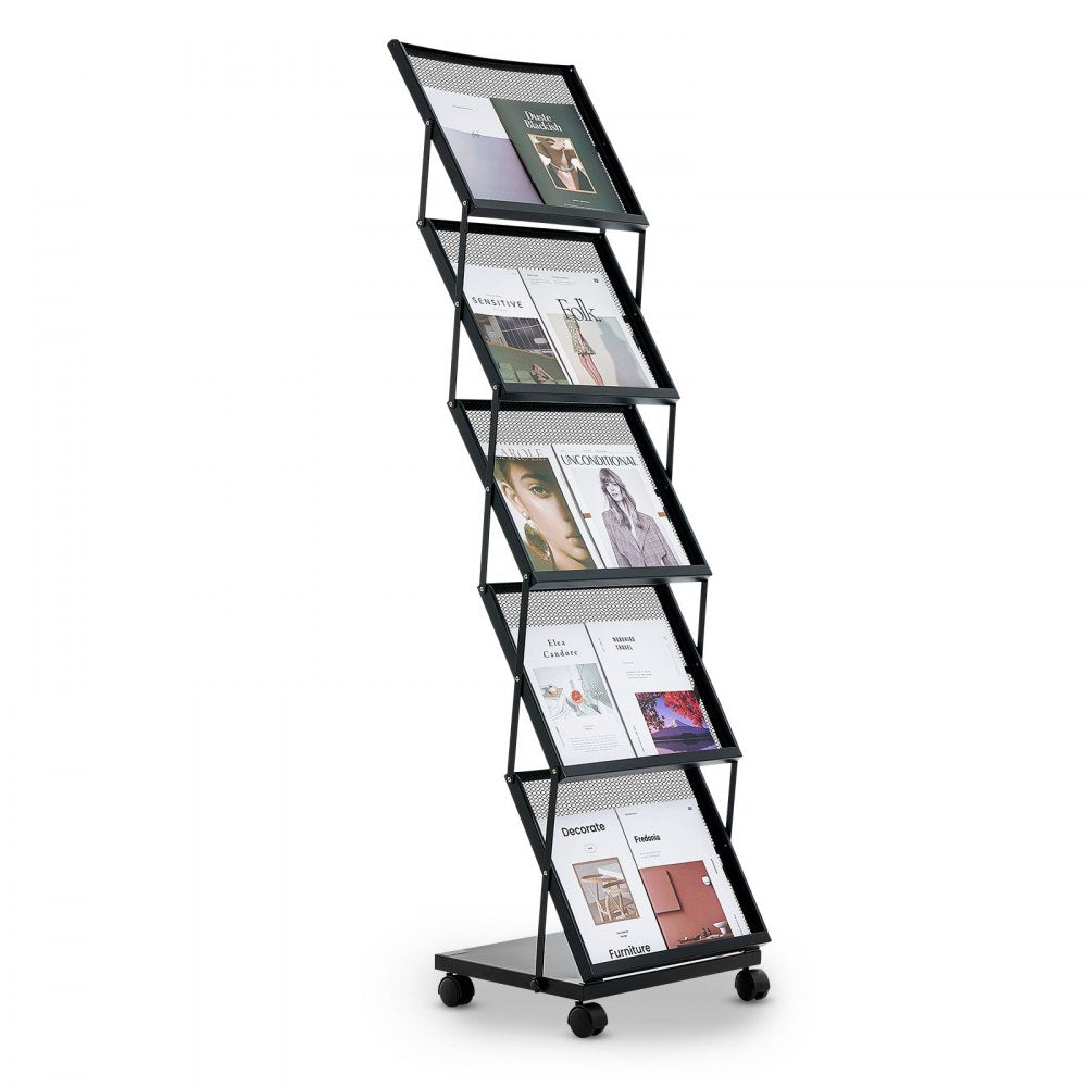 VEVOR Brochure Display Rack, Foldable 5 Pockets Magazine Literature Display Stand, Movable Floor Standing Magazine Rack