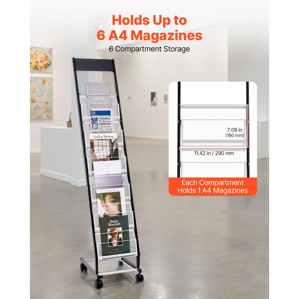 VEVOR Brochure Display Rack, Narrow 6-Tier Magazine Literature Display Stand with Wheels, Metal Floor Standing Magazine