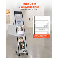 VEVOR Brochure Display Rack, Narrow 6-Tier Magazine Literature Display Stand with Wheels, Metal Floor Standing Magazine