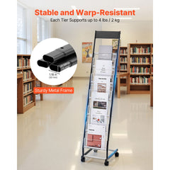VEVOR Brochure Display Rack, Narrow 6-Tier Magazine Literature Display Stand with Wheels, Metal Floor Standing Magazine
