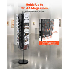 VEVOR Rotating Brochure Display Rack, 30 Pockets Mesh Magazine Literature Display Stand, Portable Floor Standing