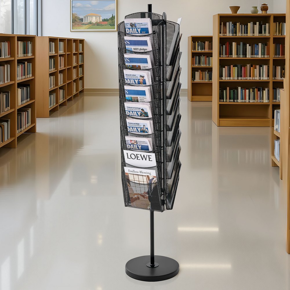 VEVOR Rotating Brochure Display Rack, 30 Pockets Mesh Magazine Literature Display Stand, Portable Floor Standing