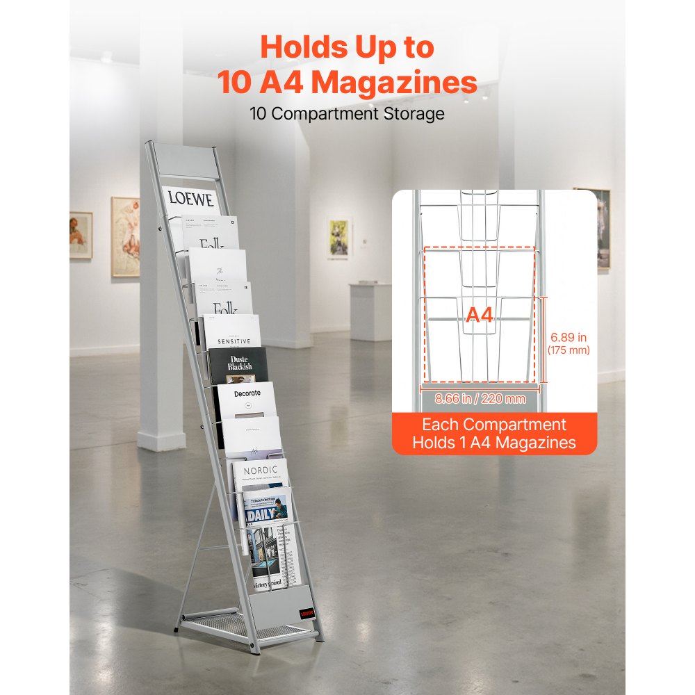 VEVOR Brochure Display Rack, 10 Pockets Magazine Literature Display Stand, Portable Floor Standing Magazine Rack, Metal
