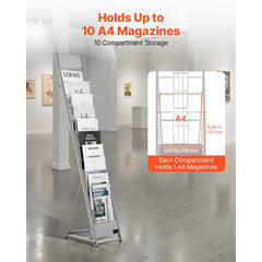 VEVOR Brochure Display Rack, 10 Pockets Magazine Literature Display Stand, Portable Floor Standing Magazine Rack, Metal