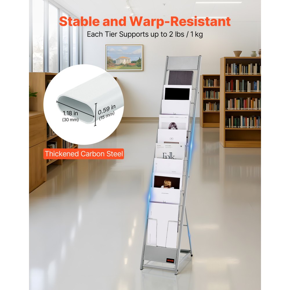 VEVOR Brochure Display Rack, 10 Pockets Magazine Literature Display Stand, Portable Floor Standing Magazine Rack, Metal