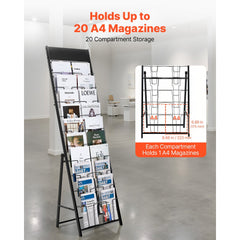 VEVOR Brochure Display Rack, 20 Pockets Magazine Literature Display Stand, Portable Floor Standing Magazine Rack, Metal