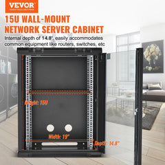 VEVOR 15U Wall Mount Network Cabinet, 500 lbs Max. Ground Load Capacity, Server Rack Cabinet Enclosure with Locking