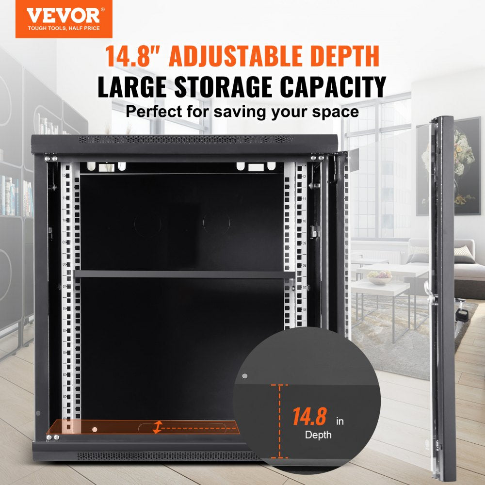 VEVOR 12U Wall-Mounted Server Network Cabinet, 15.5'' Depth, Secure Rack Enclosure, Supports up to 200 lbs, Lockable