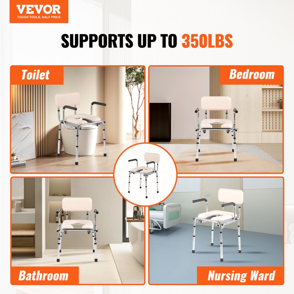 VEVOR Commode Chair, Bedside Commode with Padded Seat, Drop-Down Arms, 7-Level Adjustable Height, 5.8L Removable