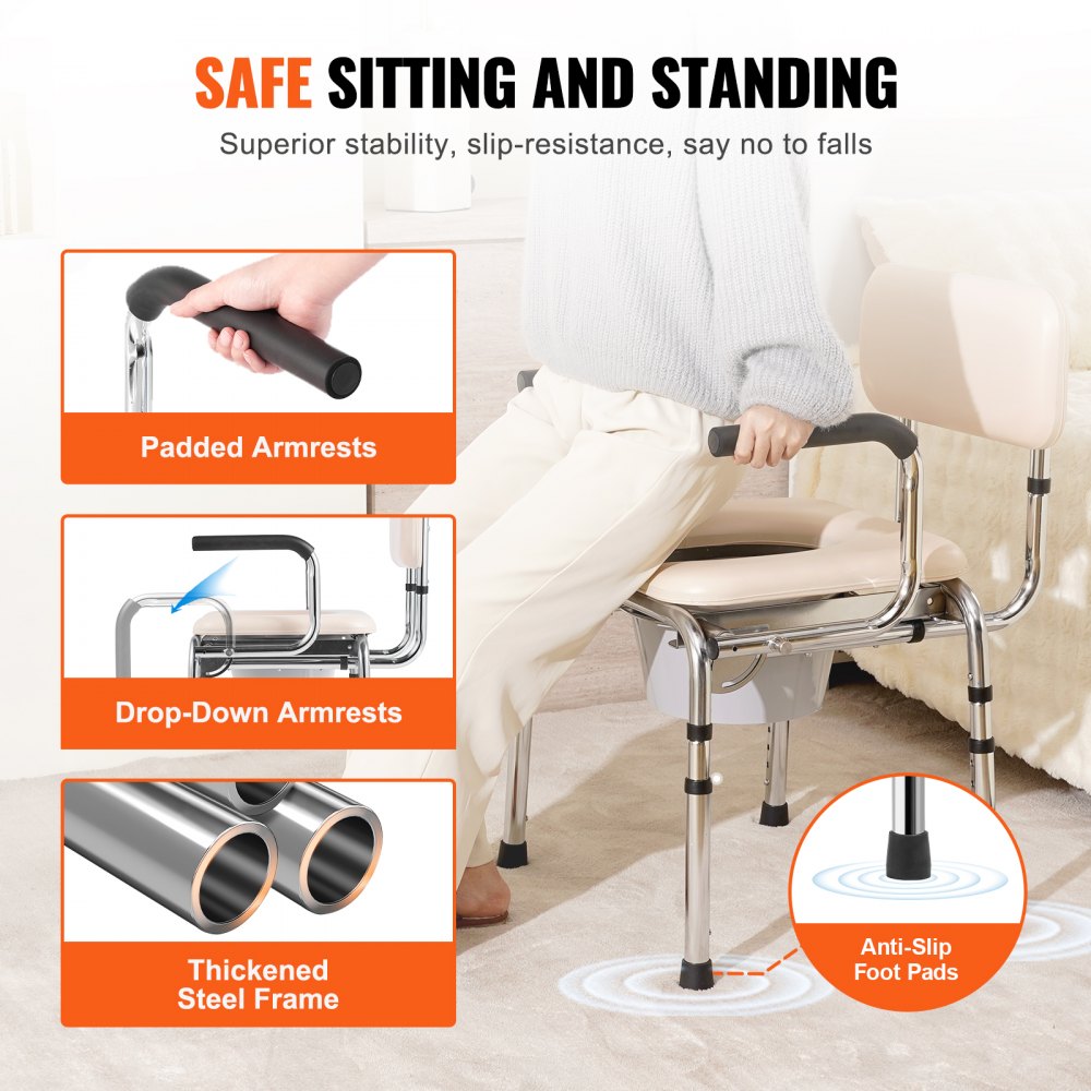 VEVOR Commode Chair, Bedside Commode with Padded Seat, Drop-Down Arms, 7-Level Adjustable Height, 5.8L Removable