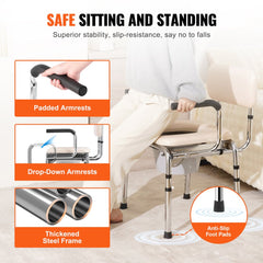 VEVOR Commode Chair, Bedside Commode with Padded Seat, Drop-Down Arms, 7-Level Adjustable Height, 5.8L Removable