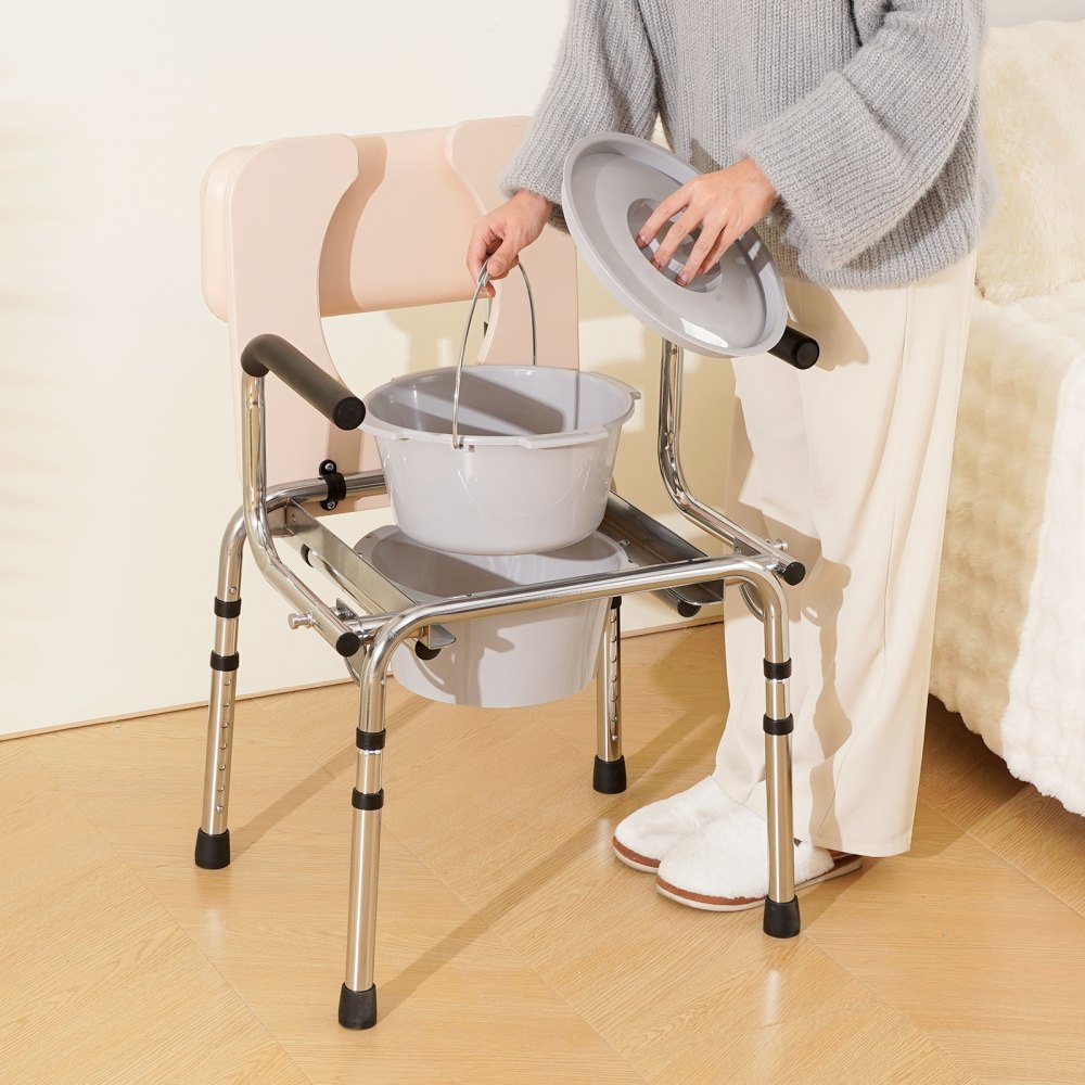VEVOR Commode Chair, Bedside Commode with Padded Seat, Drop-Down Arms, 7-Level Adjustable Height, 5.8L Removable