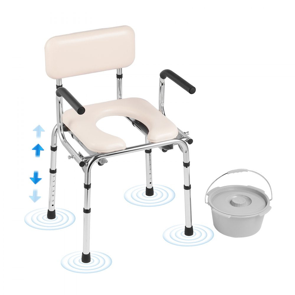 VEVOR Commode Chair, Bedside Commode with Padded Seat, Drop-Down Arms, 7-Level Adjustable Height, 5.8L Removable