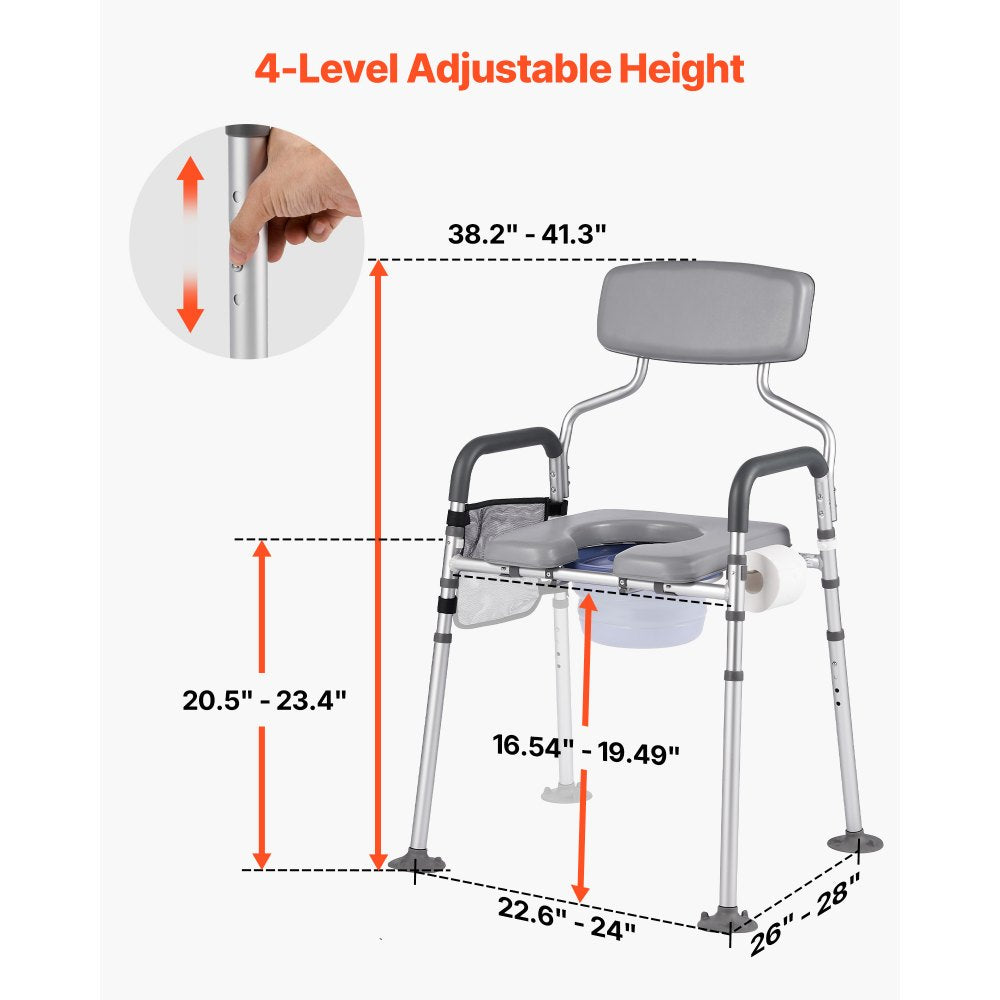 VEVOR Bedside Commode Chair, 500 lbs Capacity, 4-in-1 Portable Toilet and Raised Toilet Seat with Padded Seat &