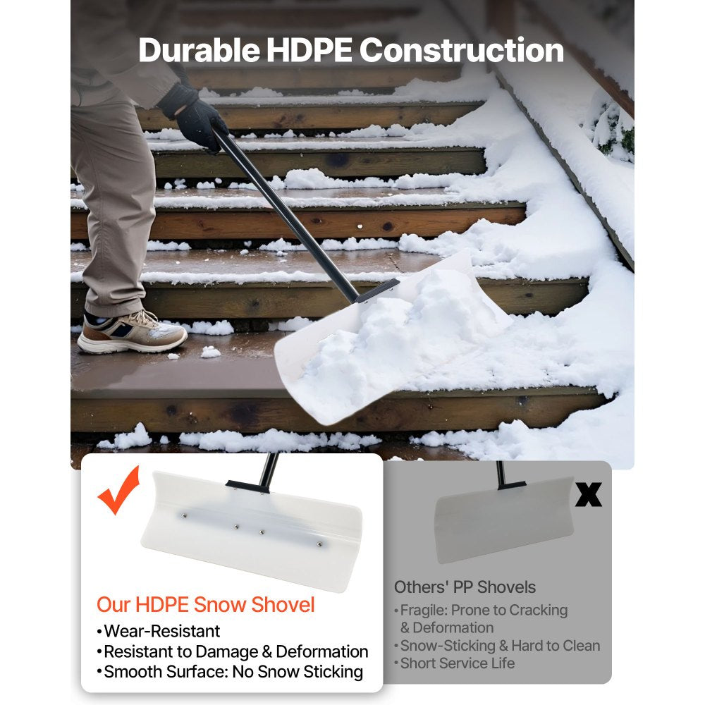 VEVOR Snow Pusher Shovel, 24 in Wide Outdoor Snowplow Shovel with Ergonomic Grip, HDPE Plastic Blade, Winter Shovels