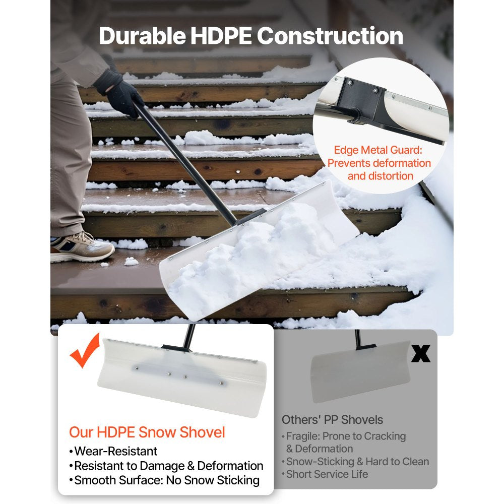 VEVOR Snow Pusher Shovel, 30 in Outdoor Snowplow Shovel with Ergonomic Grip, HDPE Plastic Blade, Winter Shovels with