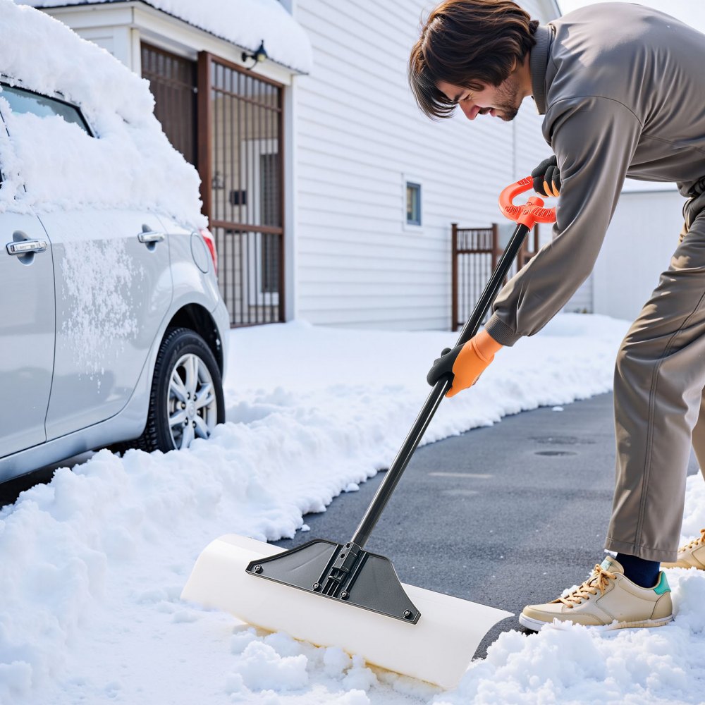 VEVOR Snow Pusher Shovel, 30 in Outdoor Snowplow Shovel with Ergonomic Grip, HDPE Plastic Blade, Winter Shovels with