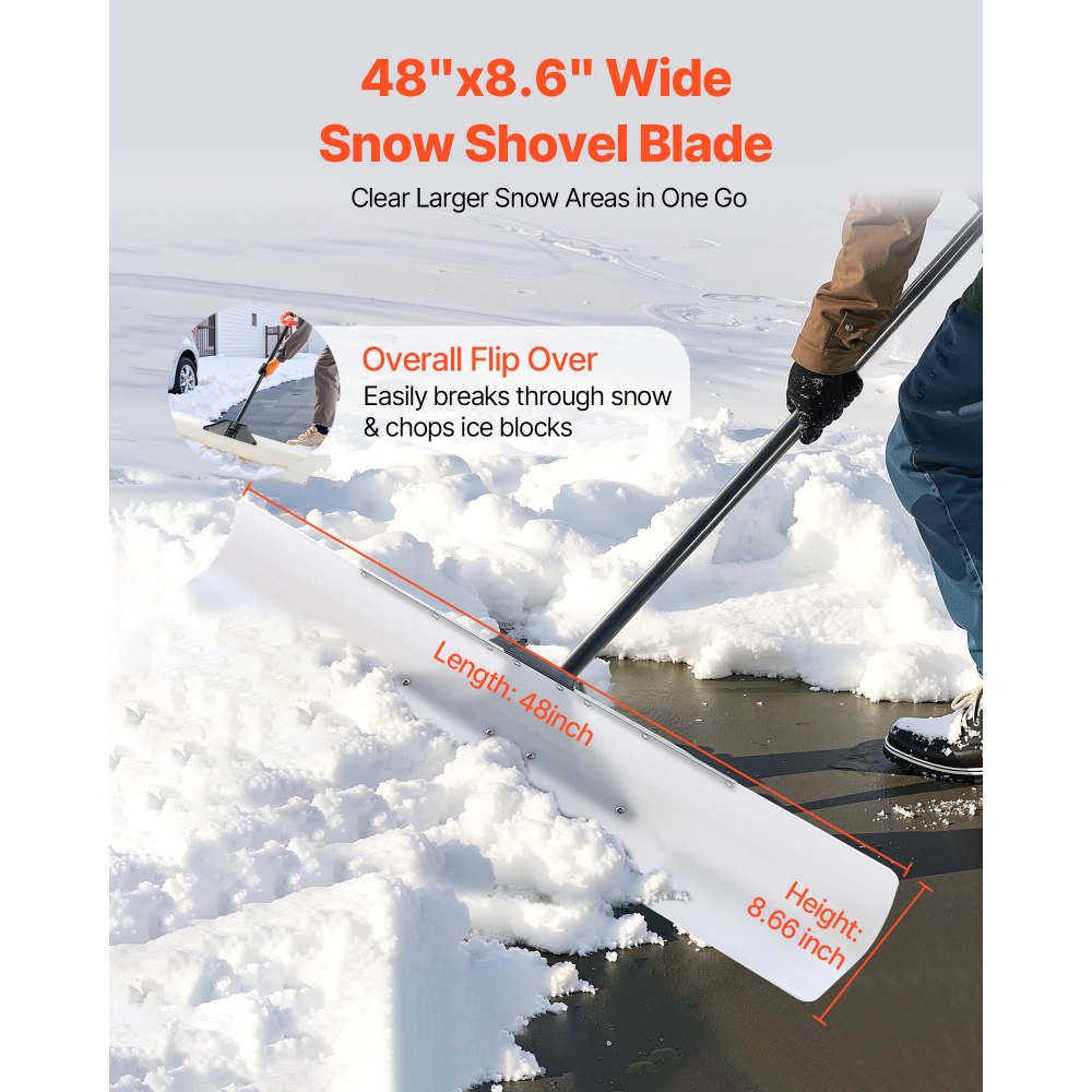 VEVOR Snow Pusher Shovel, 48 in Outdoor Snowplow Shovel with Ergonomic Grip, HDPE Plastic Blade, Winter Shovels with