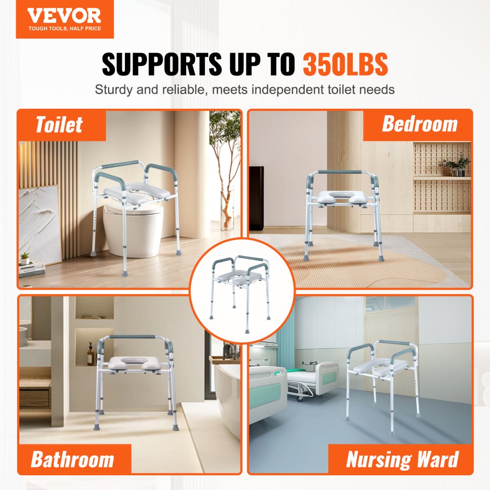 VEVOR Commode Chair, Bedside Commode with Padded Seat and Arms, 7-Level Adjustable Height, 5.8L Removable Bucket, Easy