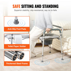 VEVOR Commode Chair, Bedside Commode with Padded Seat and Arms, 7-Level Adjustable Height, 5.8L Removable Bucket, Easy