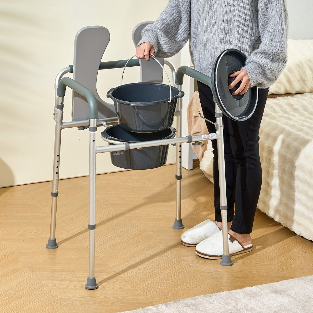 VEVOR Commode Chair, Bedside Commode with Padded Seat and Arms, 7-Level Adjustable Height, 5.8L Removable Bucket, Easy